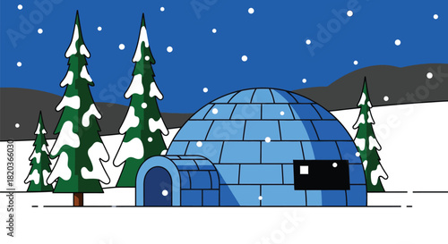 Magical snowy wonderland with igloo and evergreens under falling snow