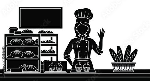 Friendly baker welcomes customers to her bakery with fresh bread today