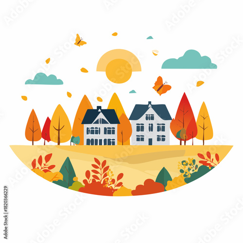 Autumn nature and landscape. Vector art abstract illustration of village, trees, forest, bushes, flowers, houses for poster, background or cover. 