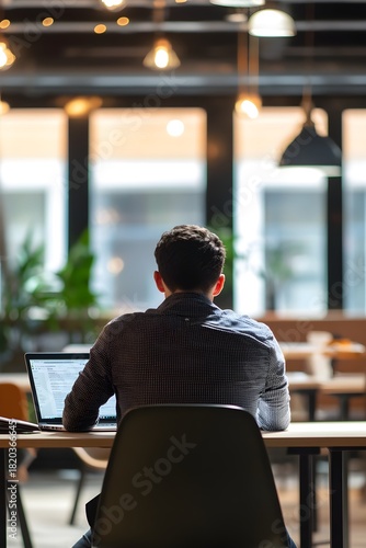 Man seen from behind working on a laptop in a modern office or co-working space