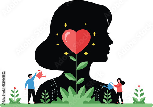 Silhouette of woman head with blooming heart plant, mental health growth concept, people nurturing emotional wellness, self care illustration, mindfulness design