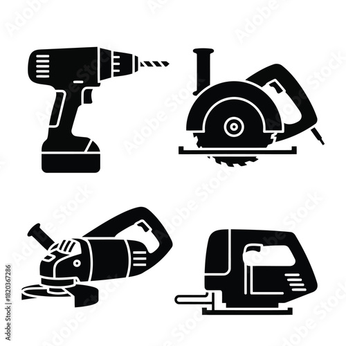 Black silhouette icons of power tools drill circular saw