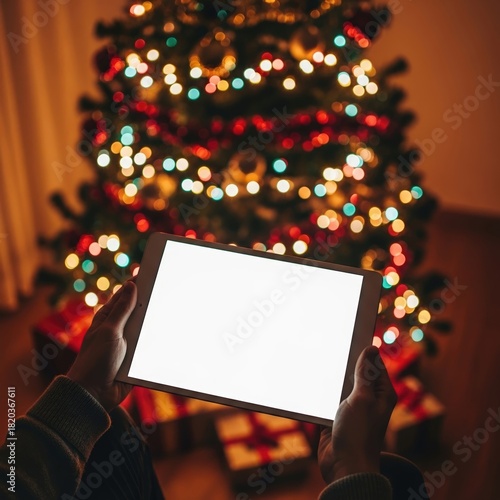 Person holding a digital tablet with a blank glowing screen in front of a festive Christmas tree.