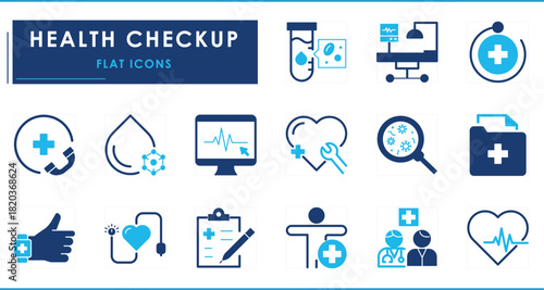 A set of flat icons related to Health Checkup. Heartbeat, test-tube, lab, doctor, smartwatch, report, virology, and so on.