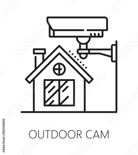 Outdoor camera home security equipment line icon or sign. Home alarm electronics vector symbol, safety device pictogram. Property protection equipment icon with house building and surveillance cam
