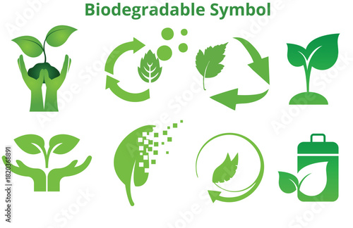 Biodegradable Symbol and Eco Logo Vector Icon Set: Green Circular Arrow Emblem for Sustainable Packaging, Environmentally Friendly Product Labels, and Zero-Waste Certification Stamps.
