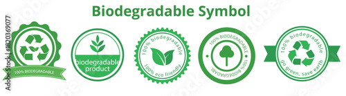 Biodegradable Product Stamp and Eco-Label Icon: Green Circular Symbol for Sustainable Packaging, Environmentally Friendly Materials, and Zero-Waste Lifestyle on a White Background.
