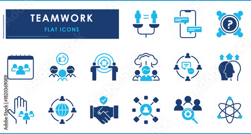 A set of flat icons related to Teamwork. Research, worldwide, empowerment, equality, working potential, target, networking, chat, announce, and so on.