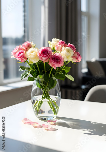 Wallpaper Mural Elegant fresh pink and white roses bouquet in clear glass vase on a radiant white table by a sunny window in a stylish home adding beautiful natural light decor Torontodigital.ca