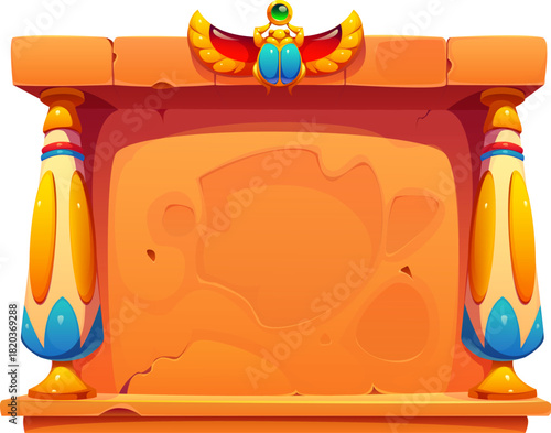Cartoon ancient Egypt game vector frame. Antique Egyptian stone board. Sandstone frame with cracks carved into the surface, two ornate yellow columns and scarab beetle with jewel and gold wings