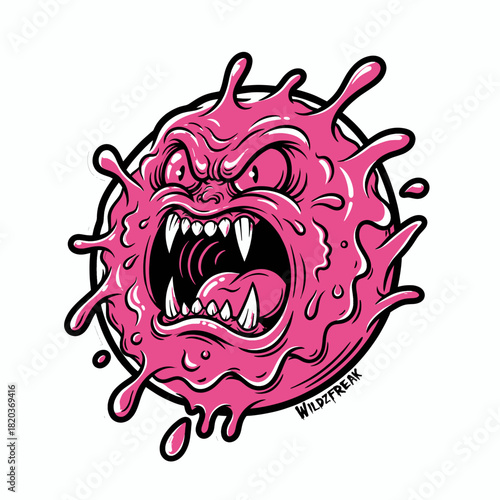 Angry Pink Virus Character with Sharp Teeth and Spiky Outlines, Representing Infectious Disease or Pandemic Threat Illustration