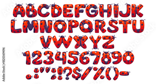 Ladybug font, ladybird and lady bug typeface, cartoon insect type, funny beetle english alphabet. Vector typography red bug letters and numbers set with black dots. Ladybug or ladybird font alphabet