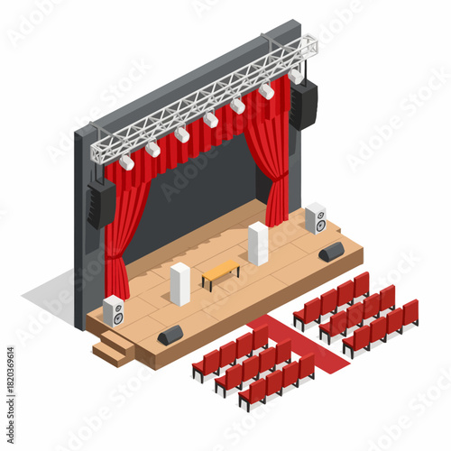 Isometric vector illustration of a fully equipped conference stage featuring red curtains, professional lighting rigging, and audience seating arranged for a formal event
