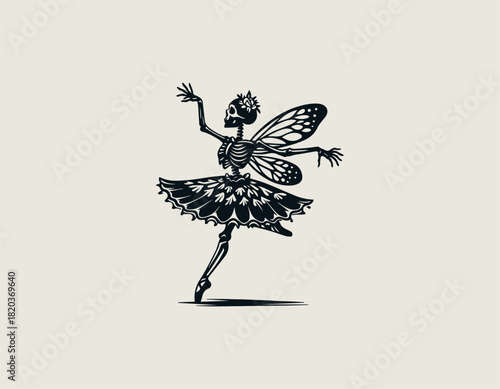 Dramatic black silhouette of a delicate human skeleton ballerina dancing gracefully en pointe with large, intricately veined butterfly wings and a decorative tutu. Gothic fantasy dance concept