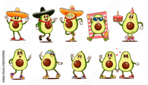 Cartoon groovy avocado characters with funny poses and costumes. Vector set of dancing avocado with sombrero, sporty, birthday celebration, romantic couple, and avocado retro personage on vacation
