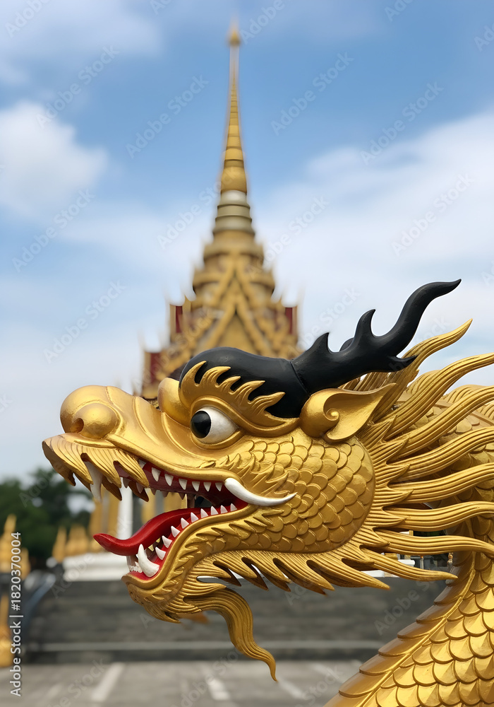 Fototapeta premium Majestic golden dragon head sculpture in sharp focus with a blurred traditional Thai Buddhist temple and its towering spire against a bright azure sky depicting spiritual heritage and cultural beauty