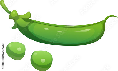 Cartoon green pea pod with two loose peas beside it. Isolated vector fresh legume bean with smooth green shell and raw ripe round seeds, showing natural texture. Healthy plant based vegetarian food