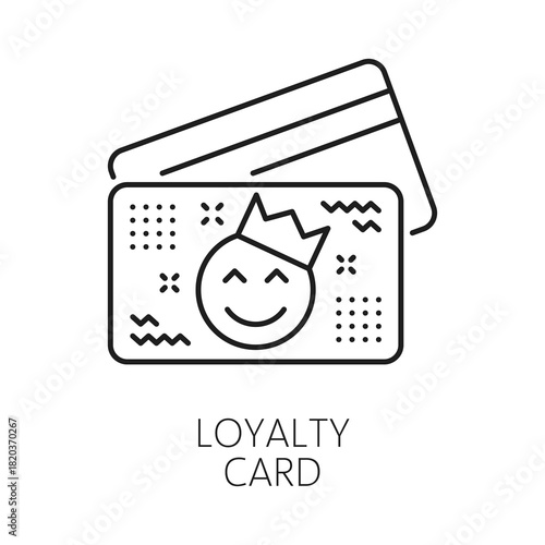 Customer loyalty card exclusive benefit line icon or symbol. Special offer gift linear vector symbol, exclusive benefit reward sign. Loyalty program bonus icon with loyalty card, emoji happy face