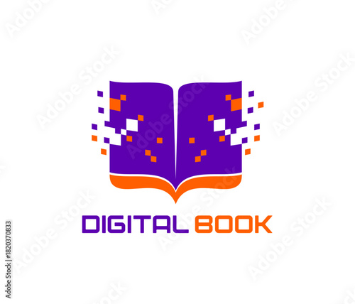 Online education digital book icon or badge. Bookstore web technology symbol, university or college digital book graphic vector icon. Online library emblem with book open page, pixels and typography