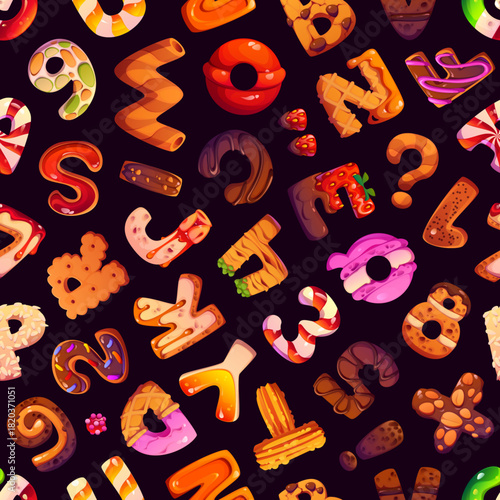 Sweet candy type, dessert font seamless pattern. Vector tile background with cookie and pastry shaped alphabet letters and numbers. Playful delicious print for kids, cafe, wallpaper or wrapping paper