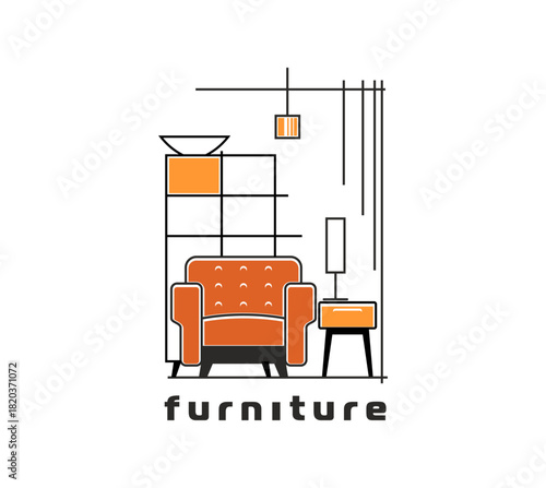 Home interior Home furniture icon or badge. House living room furniture company vector icon, office or hotel room decor store emblem. Home interior design brand symbol with armchair, drawer and lamps