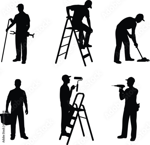 Set of construction worker silhouettes, handyman with tools, painter, cleaner, builder drilling, renovation vector collection.