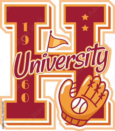 Varsity sport patch label with letter H. Isolated vector vintage university emblem with baseball glove and ball, stars, flag, and the year 1960. Retro label for sports, college team or school league