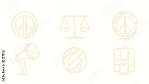 A flat vector icon set representing social activism and justice, including a protest sign, balance scale, globe, raised fist, and a megaphone.