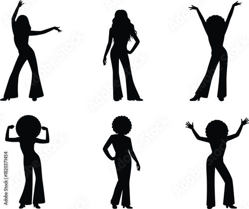 Set of 70s disco women silhouettes, retro female dancers, afro hair, bell bottom pants, vector isolated.