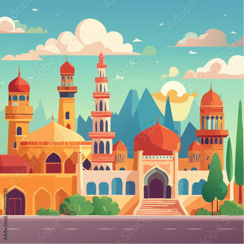 Artistic illustrations of Arabic cities and ornamental designs, showcasing the vibrant architecture and rich cultural patterns