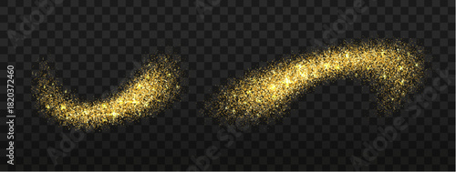 Golden dust and glitter vector splash, magic star particles. Burst of golden glitter dust flowing a powder spray effect of light with glowing sequins and stardust scattered in cosmic motion