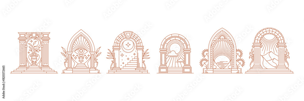 Obraz premium Boho arch gate icons of heaven castle door or mystic magic Bohemian doorway, vector line art. Boho arch or medieval castle door arc icons with magical celestial stars and sun for Bohemian tattoo