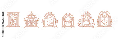 Boho arch gate icons of heaven castle door or mystic magic Bohemian doorway, vector line art. Boho arch or medieval castle door arc icons with magical celestial stars and sun for Bohemian tattoo