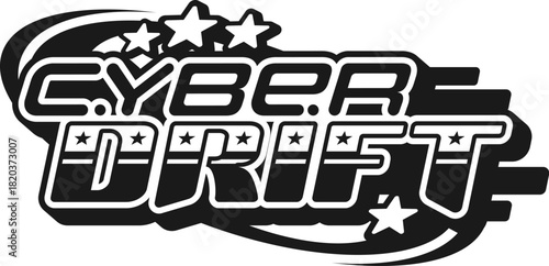 Auto rally race cyber drift vintage Y2K icon or badge. Motorsport vintage vector icon, race competition sign. Car drive grand prix emblem with cyber futuristic typography text and shooting stars