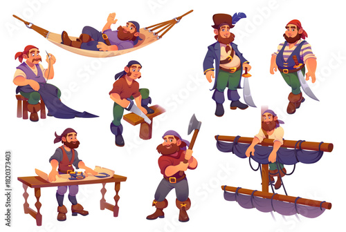 Pirate ship crew cartoon corsair characters. Happy pirate men vector personages with captain pirate hat and sailor bandana costumes. Skipper, sail master, boatswain and carpenter corsair characters