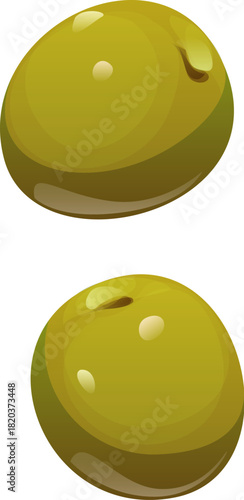 Cartoon raw ripe green olives with shiny surface and smooth texture. Isolated vector two whole fruits, glossy and fresh ingredient in cooking and Mediterranean cuisine. Healthy and nutritious food