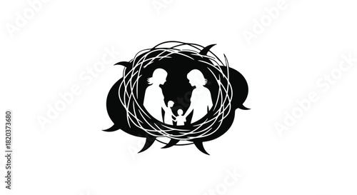 Silhouetted family of three within a protective nest symbolizing unity and belonging