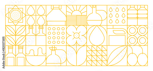 Olive rapeseed and sunflower oil modern geometric pattern. Vector line art icons of bottles, droplets, leaves, seeds, flowers and farming items in a grid layout with a minimal yellow outline on white