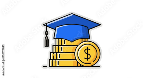 Graduation cap atop gold coins with dollar symbol — symbolizing education investment, student loans, scholarships, or financial success after college. Clean, modern flat design with bold colors and ed