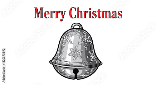 Engraving-style illustration of a silver jingle bell with Merry Christmas text
