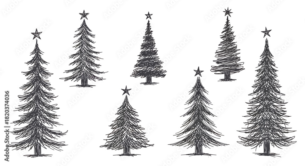 Obraz premium Hand Drawn Christmas Trees with Stars