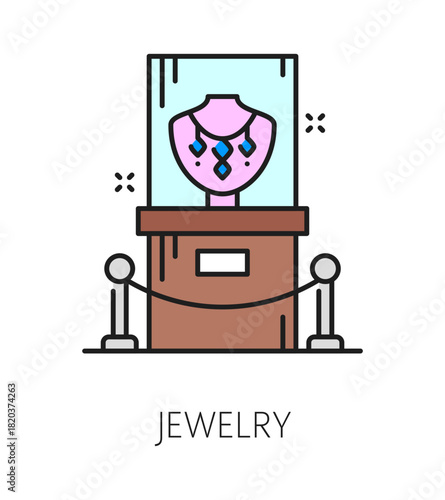 Museum art gallery and exhibition color line icon of jewelry display, vector pictogram. Museum exhibit showcase icon of antique archeology or history and culture for ancient jewelry gems exhibition
