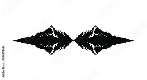 Symmetrical reflection of rugged mountain peaks against a white background