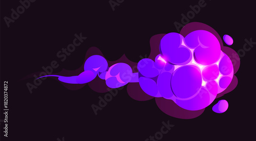 Cartoon magic purple smoke effect, abstract cartoon vector violet glowing trail with bubble like shape on a dark background. Dynamic vapor or magical energy flow, VFX for fantasy, sci fi, or game