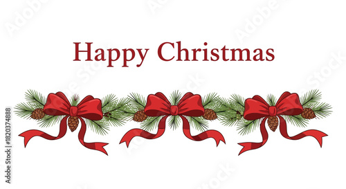 Festive design with three red bows nestled in green pine branches