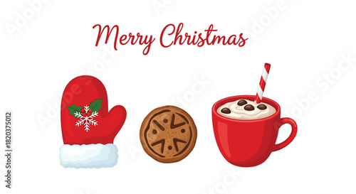 Merry Christmas greeting with red mitten, gingerbread cookie, and hot chocolate mug