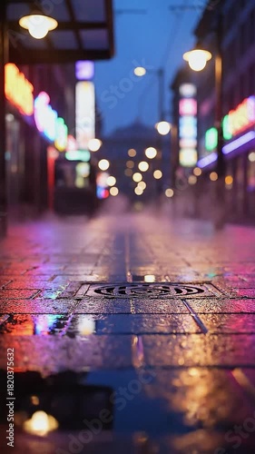 Empty Tram Stop At Night — Wet Pavement Reflections, Natural Neutral Color, Loopable (9:16 for social media)