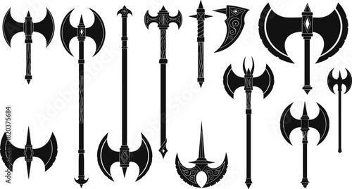 Assortment of black silhouette medieval battle axes and polearms weapon fantasy