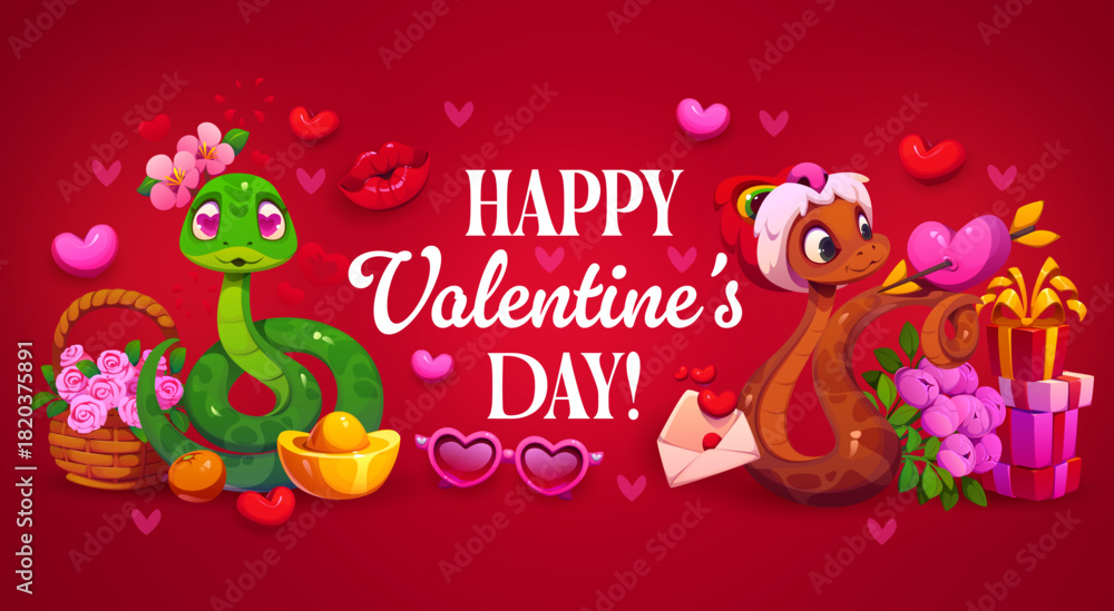 Naklejka premium Happy Valentines day greeting card or banner. Love celebration vector flyer, romantic party greeting card. Saint Valentine day poster with snakes funny cartoon characters, gift boxes and flowers