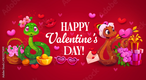 Happy Valentines day greeting card or banner. Love celebration vector flyer, romantic party greeting card. Saint Valentine day poster with snakes funny cartoon characters, gift boxes and flowers